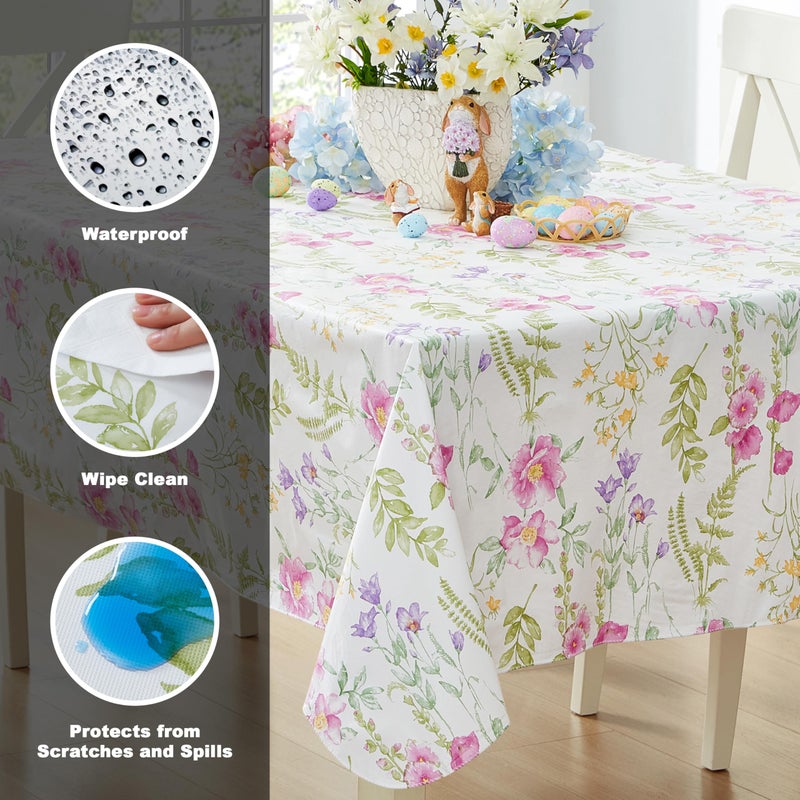 Newbridge Easter Wildflower Fields Floral Vinyl Flannel Backed Tablecloth, 52 x 52 Inch Square, Pink and Purple Wild Flowers Easy Care Vinyl Tablecloth with Flannel Backing for Holiday Party - Image 3